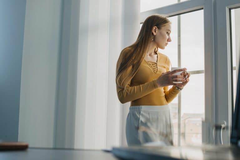 Worker burnout, Emotional burnout, Mental health problem. Tired businesswoman, worker standing by